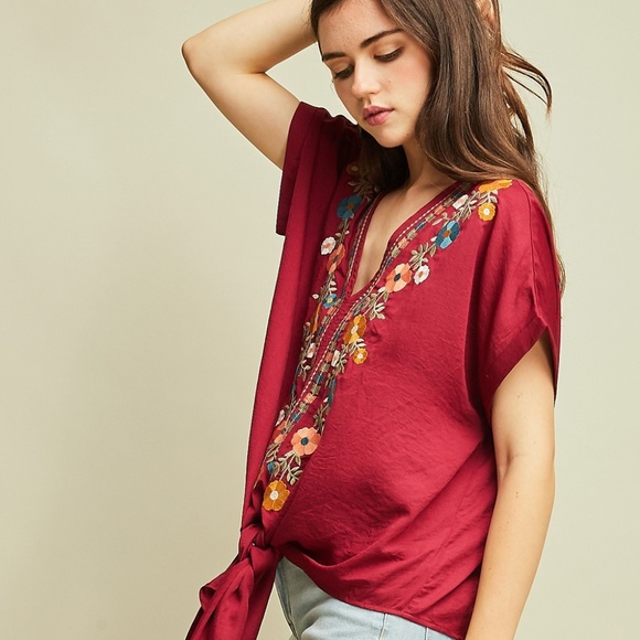 entro Tops | Entro Embroidered Vneck Short Sleeve Blouse Wine | Poshmark